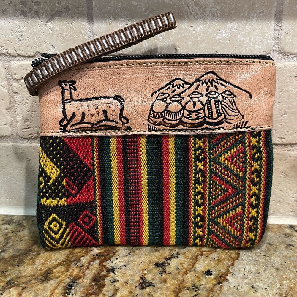 Coin Purse‎ 4x5 Inch Leather Peru Tribal Striped Multicolor Llama Andes Mountain